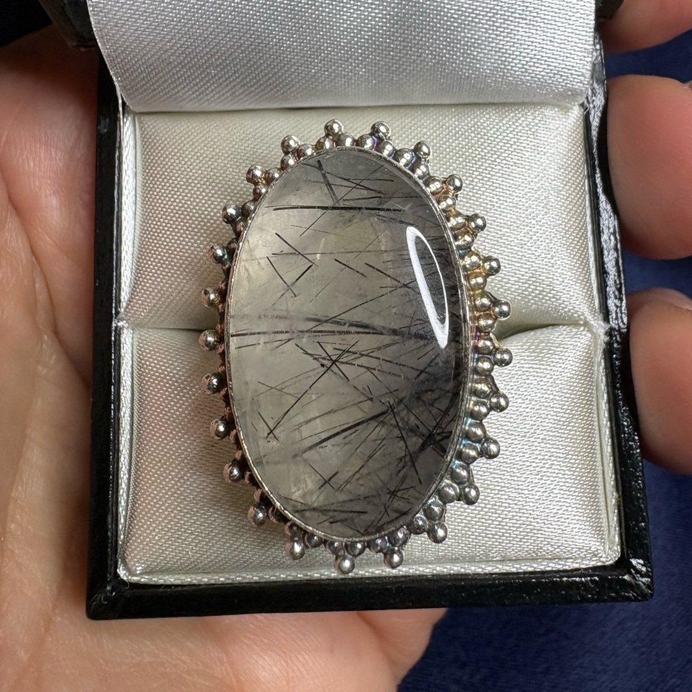 😎🌺Ring Rutile Gemstone 925 Sterling Silver Clear Black Accent Statement